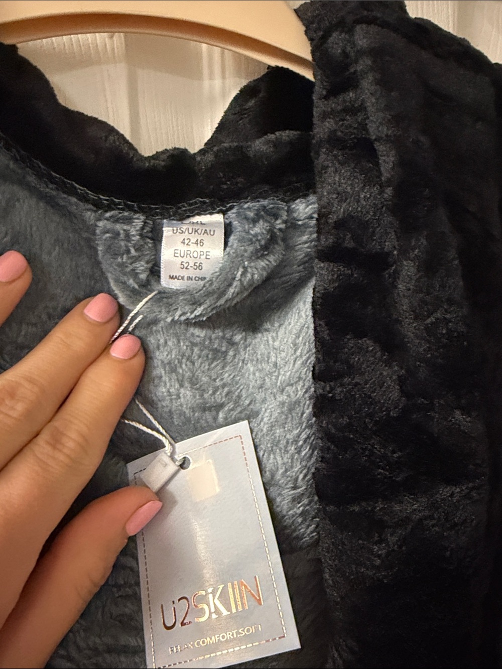 Plush Hooded Long Robe with Contrast Trim - Gray/Black - Picture 2 of 3